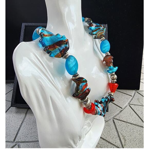 Vintage Chunky Murano Glass Lampwork Sculptural Beaded Necklace - Picture 2 of 11